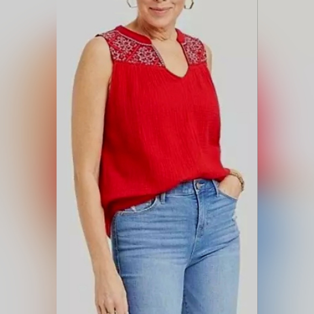 Knox Rose 100%Cotton Red Sleeveless Women's Embroidered Top Large